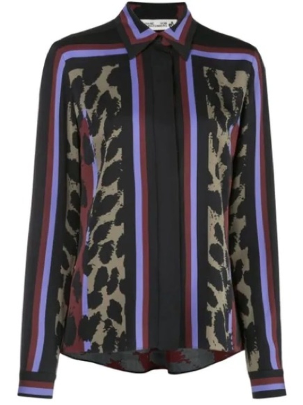 Diane Von Furstenberg Black, Olive & Purple Striped Animal-Print Button Down